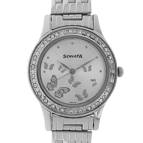 Sonata Quartz Analog Silver Dial Stainless Steel Strap Watch for Women