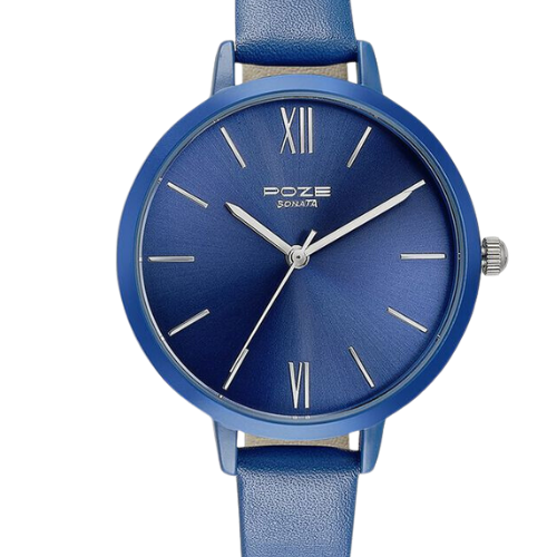 Sonata Poze Quartz Analog Blue Dial Leather Strap Watch for Women