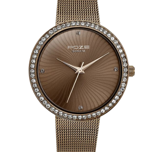 Sonata Poze Quartz Analog Brown Dial Mesh Strap Watch for Women
