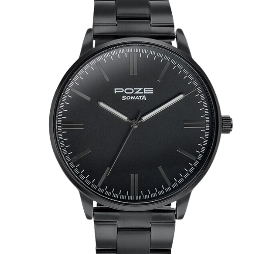 Sonata Poze Quartz Analog Black Dial Metal Strap Watch for Men