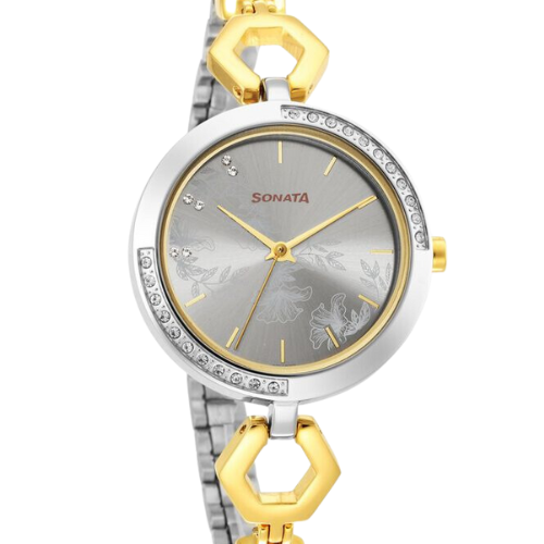 Sonata Utsav Grey Dial Two Toned Bi Metal Strap Watch for Women