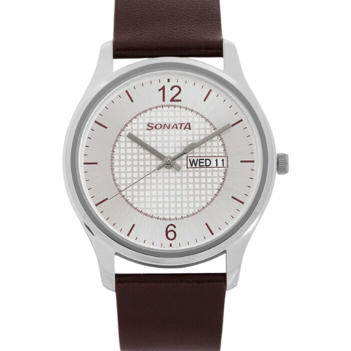Sonata Quartz Analog with Day and Date Silver Dial