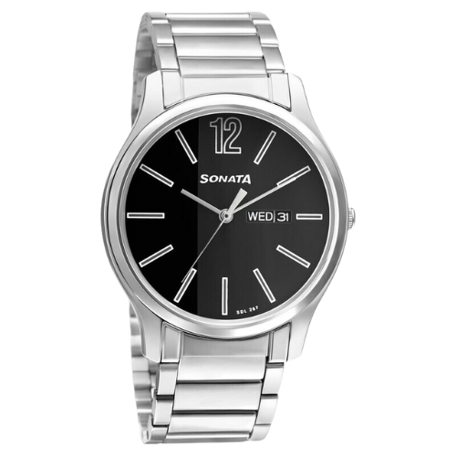 Sonata Quartz Analog with Day and Date Black Dial