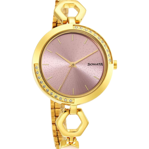 Sonata Utsav Pink Dial Yellow Bi Metal Strap Watch for Women