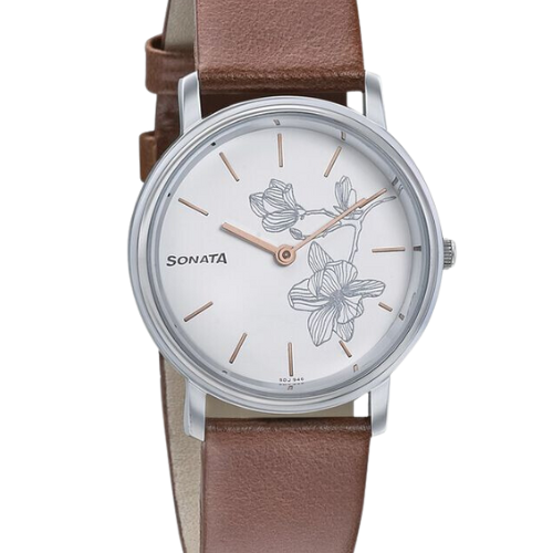 Sonata Silver Lining White Dial Women Watch With Leather Strap