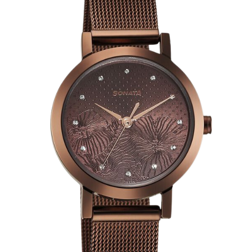 Sonata Quartz Analog Brown Stainless Steel Strap for Women