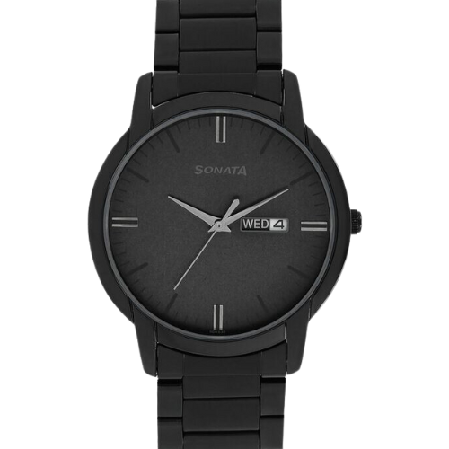 Sonata Quartz Analog with Day and Date Black Dial Stainless Steel Strap Watch