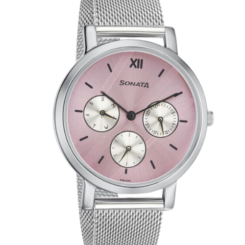 Sonata Multifunctions Pink Dial Women Watch With Metal Strap