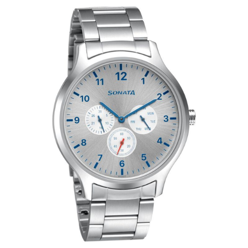 Sonata Quartz Analog Silver Dial Metal Strap Watch for Men