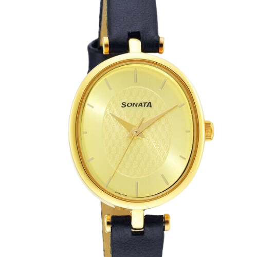 Sonata Classic Gold Champagne Dial Leather Strap Watch for Women