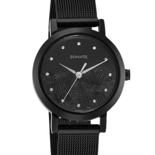 Sonata Quartz Analog Black Stainless Steel Strap for Women