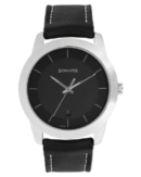 Sonata Quartz Analog with Date Black Dial Leather Strap Watch for Men