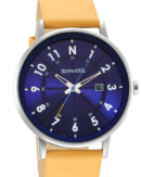 Sonata Force Quartz Analog with Date Blue Dial Leather Strap Watch for Men