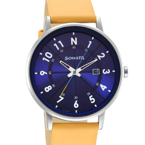 Sonata Force Quartz Analog with Date Blue Dial Leather Strap Watch for Men