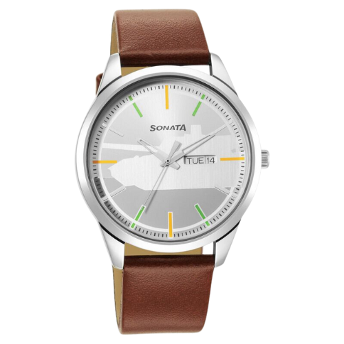 Sonata Force Quartz Analog with Day and Date Silver Dial
