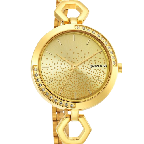 Sonata Utsav Champagne Dial Yellow Bi Metal Strap Watch for Women