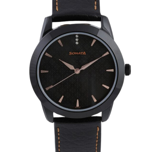 Sonata Quartz Analog Black Dial Leather Strap Watch for Men