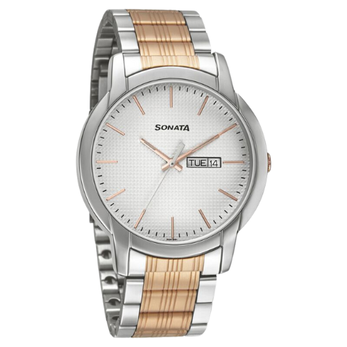 Sonata Quartz Analog with Day and Date White Dial Metal Strap Watch for Men