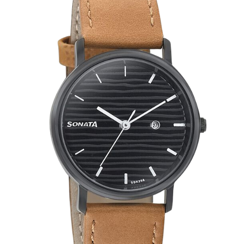 Sonata Onyx Black Dial Women Watch With Leather Strap