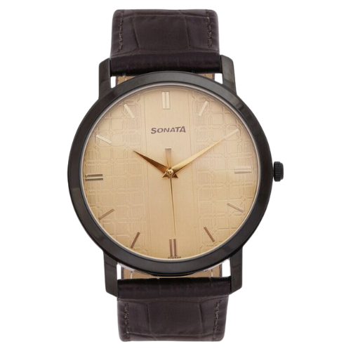 Sonata Quartz Analog Golden Dial Leather Strap Watch for Men