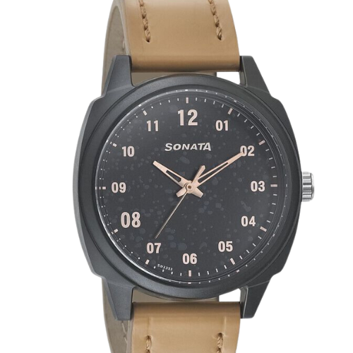 Sonata Quartz Analog Black Dial Leather Strap Watch for Men