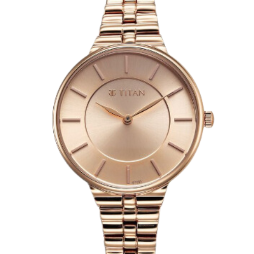 Titan Aura Quartz Analog Rose Gold Dial Stainless Steel Strap Watch for Women