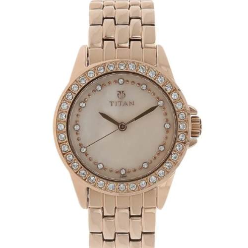 Titan Quartz Analog Champagne Dial Stainless Steel Strap Watch for Women