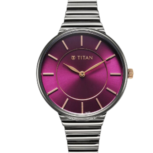 Titan Aura Quartz Analog Purple Dial Stainless Steel Strap Watch for Women