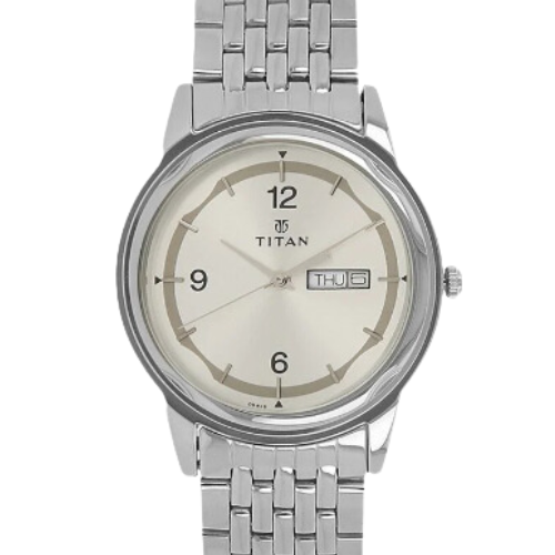 Titan Quartz Analog with Day and Date Silver Dial