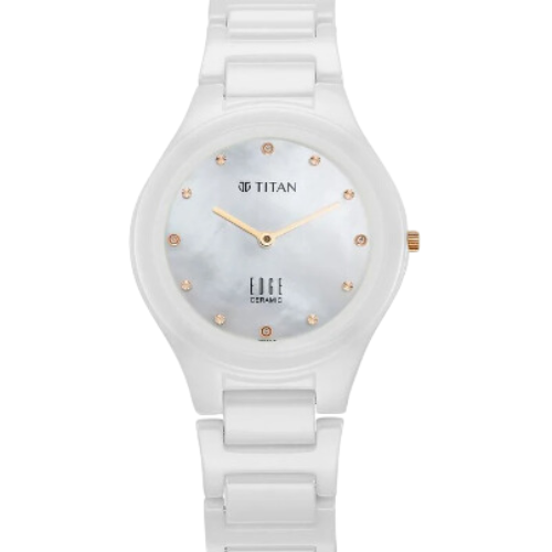 Titan Edge Ceramic Quartz in Arctic White with Diamonds and Rich Mother Of Pearl Dial Watch for Women