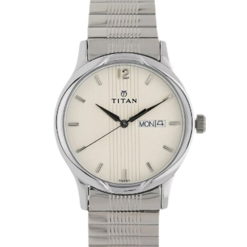 Titan Quartz Analog with Day and Date Silver Dial